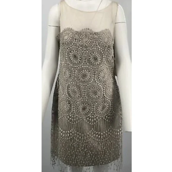 kay unger silver dress Kay Unger New York Cocktail Dress silver Champagne satin with sequin net overlay